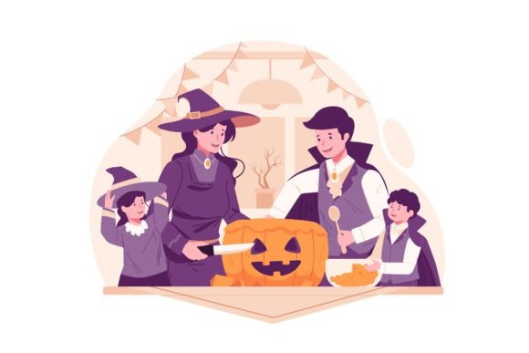Download Family Carving a Pumpkin Illustration - Pumpkin illustration Collection